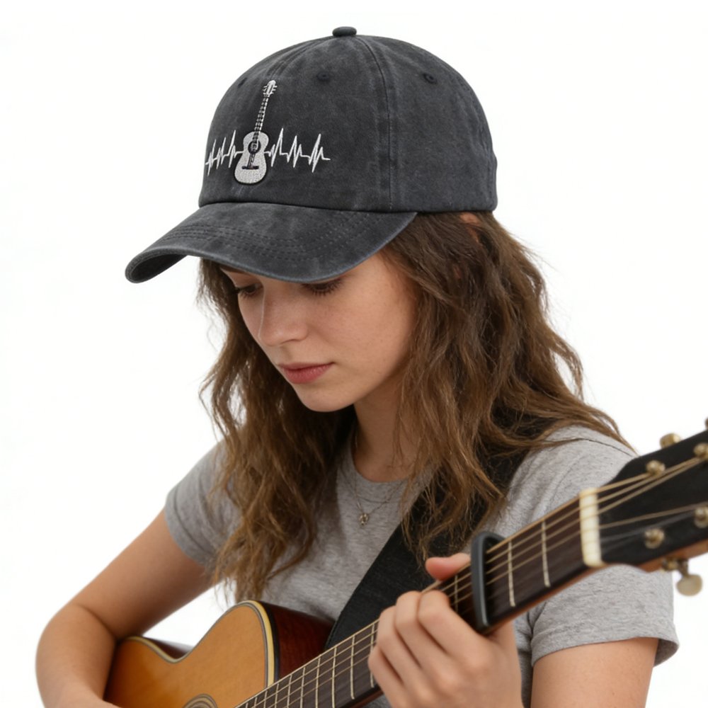 Adjustable Baseball Cap with Embroidered Guitar Design