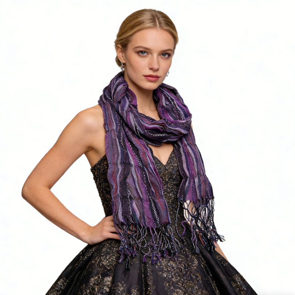 Regal Textured Purple Jacquard Scarf - 70"x29" Luxury Evening Wrap