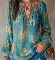 Bohemian Floral Print V-Neck Long-Sleeve Top