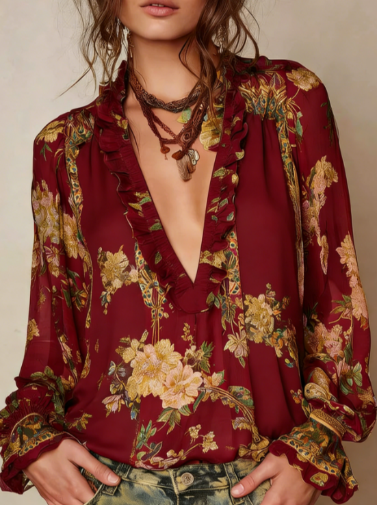Bohemian Retro V-Neck Loose Long-Sleeve Top