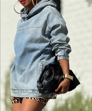 Retro Distressed Denim Hoodie for Women