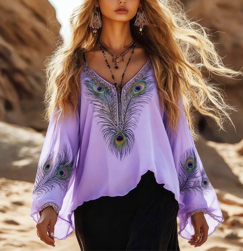 Flowy V-Neck Bell Sleeve Bohemian Boho Tunic Top