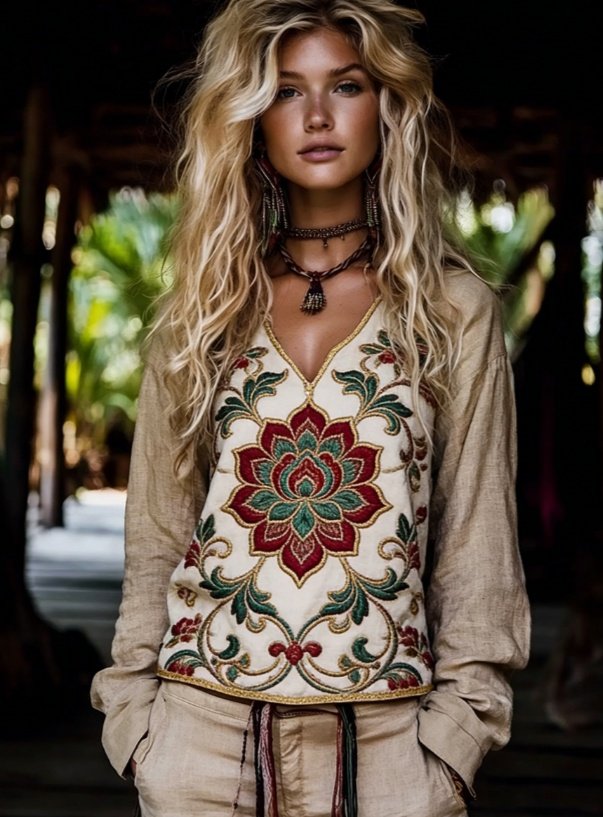Boho V-Neck Loose Long-Sleeve Casual Women's Pullover Top