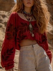 Bohemian Retro Long Sleeve Loose Cropped Top