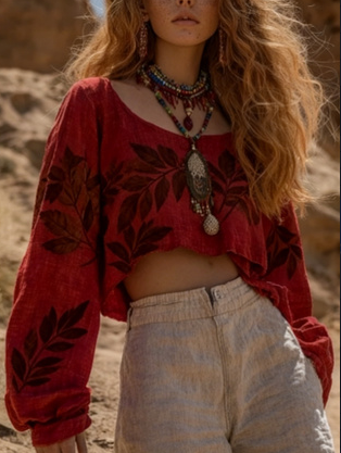 Bohemian Retro Long Sleeve Loose Cropped Top