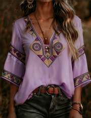 Women's Bohemian Retro Floral Long-Sleeve Tee