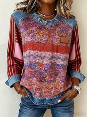 Retro Color-Blocked Long-Sleeve Casual Loose Top
