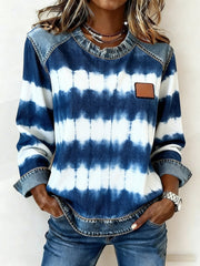 Color-Block Retro Long-Sleeve Casual Loose Top