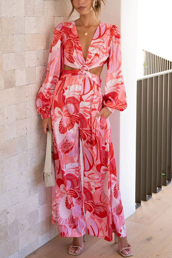 Women's Casual Backless Print Jumpsuit