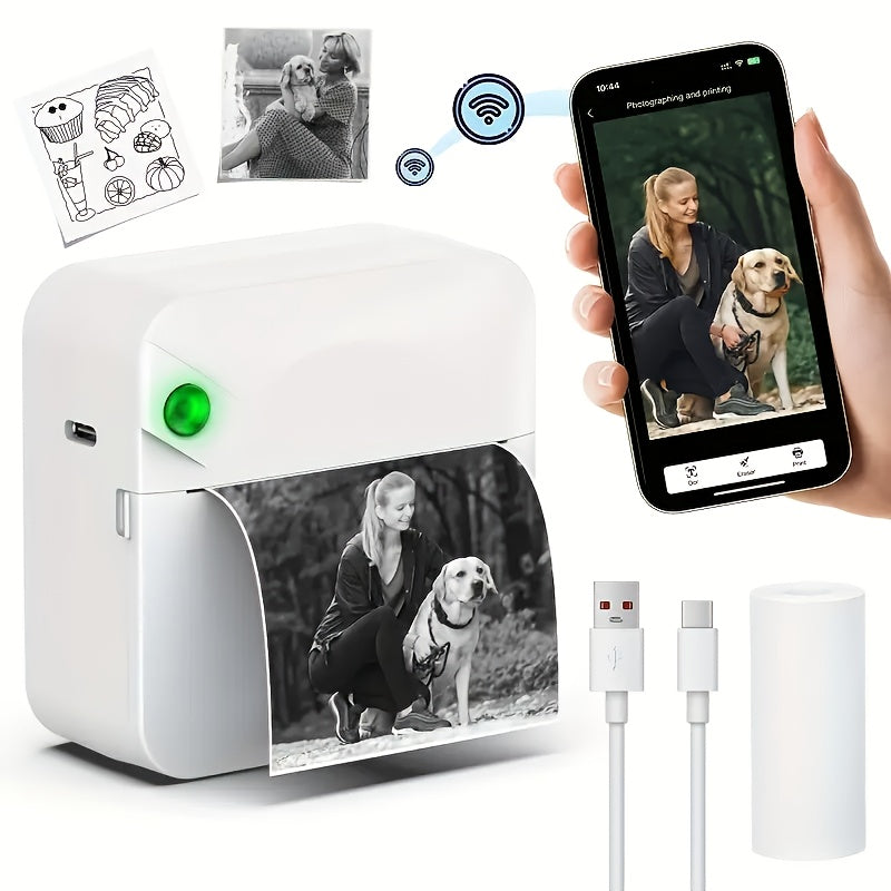 Micro Printer, Pocket Printer, Inkless Sticker Thermal Printer with 1 Roll of Thermal Paper, Wireless Portable Receipt Printer, Suitable for Photos, Diaries, Notes, and Memos