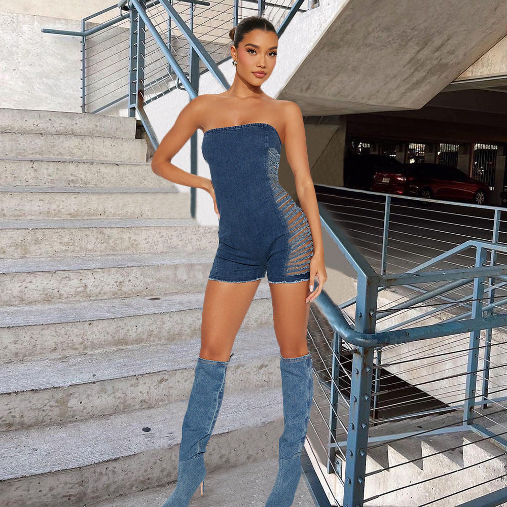 Stretchy Washed Denim Cutout Jumpsuit Romper
