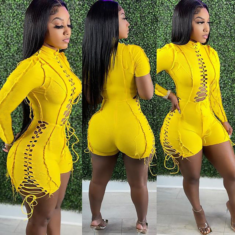Fashion Sexy Patchwork Solid Color Tether Long Sleeve Jumpsuit