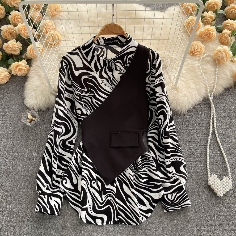 Long Sleeve Top Loose Striped Stitching Fake Shirt