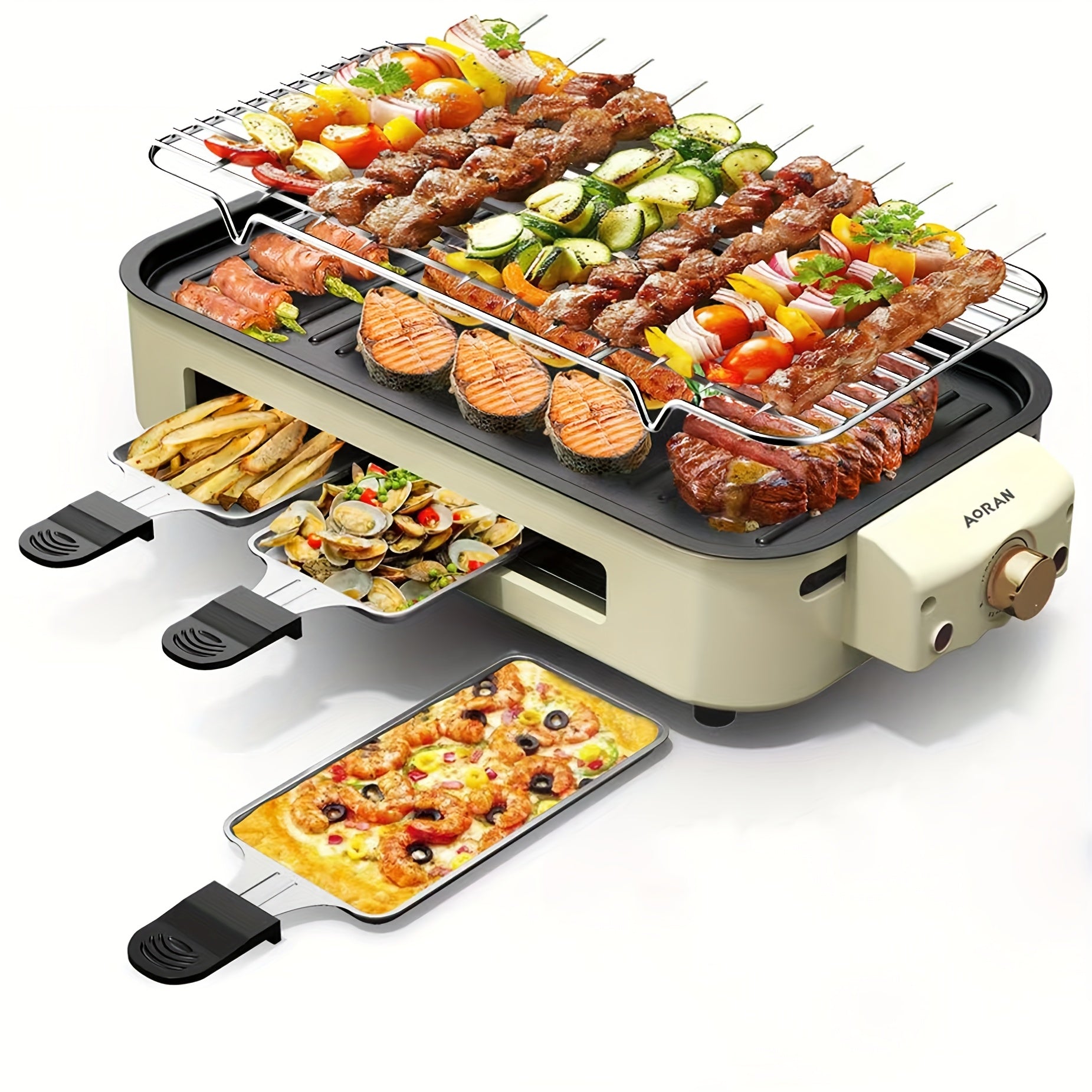 Kitchen Electric Barbecue Grill, Fully Detachable, With Frying Pan And Grille, Three Hand Trays, Non-stick And Easy To Clean, Made Of Stainless Steel, Adjustable Temperature, Power 1500W, Waffle...