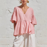 Laid-back Cotton-Linen Loose Top With Ruffled Hem Three-Quarter Sleeves And V-Neck For Summer