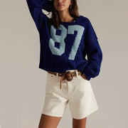Women's Digital Contrast Color Knitted Pullover Loose-fitting Long Sleeves Sweater