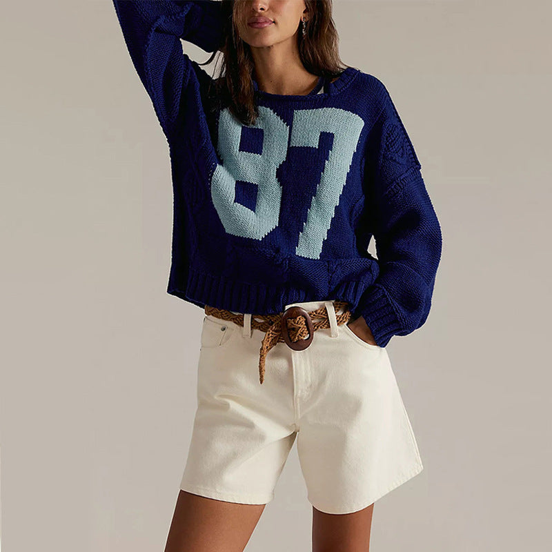 Women's Digital Contrast Color Knitted Pullover Loose-fitting Long Sleeves Sweater