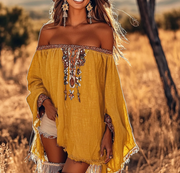 Boho Off-The-Shoulder Fringe Hem Long-Sleeve Shirt