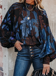 Chic French Luxury Floral Chiffon Shirt with Lantern Sleeves