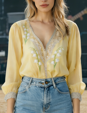 Elegant Lace V-Neck Long-Sleeve Slim Fit Shirt