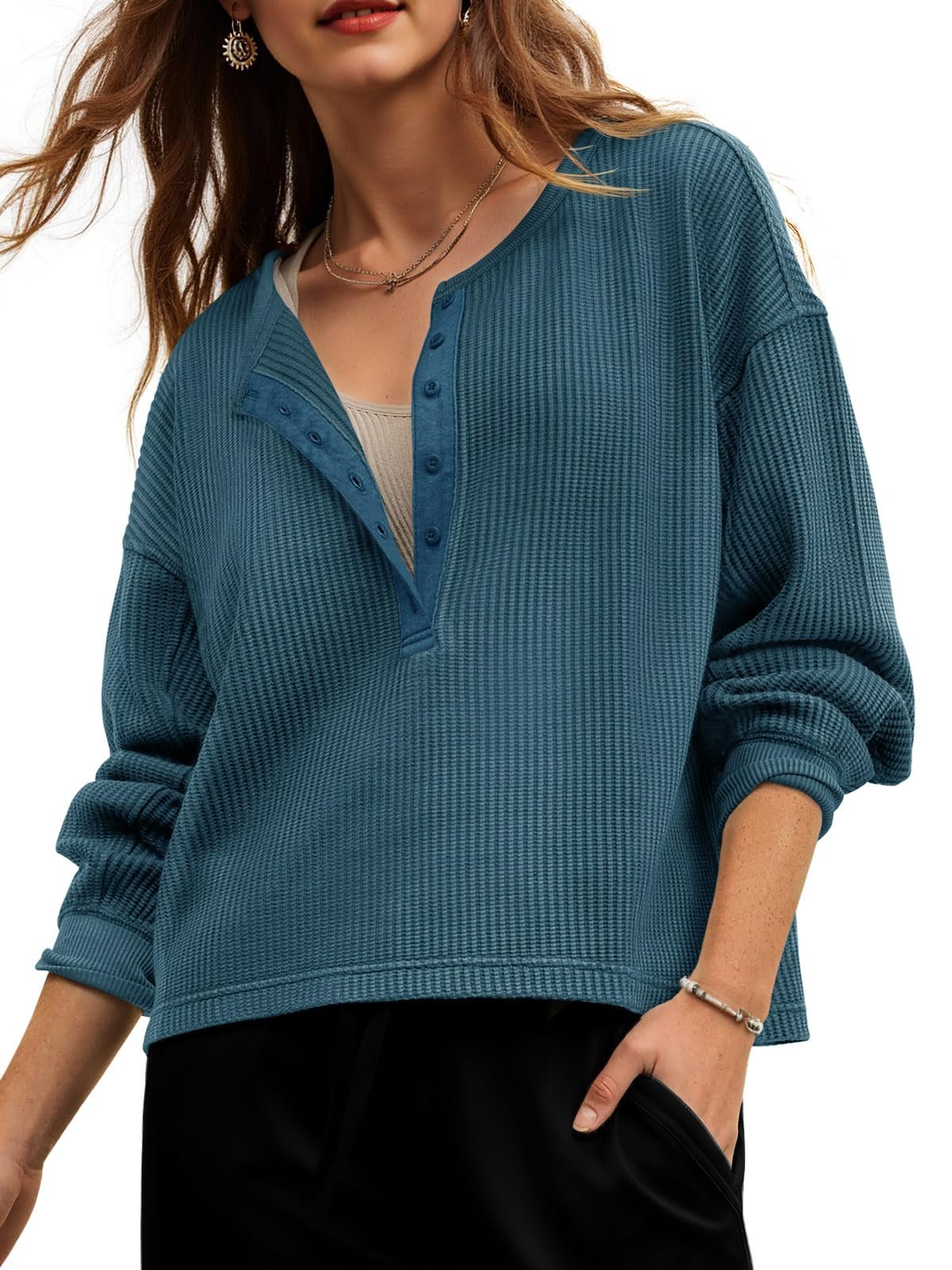 Cozy Waffle Knit Button Front Sweatshirt for Women