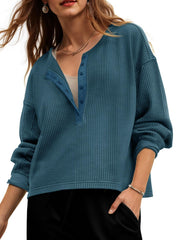 Cozy Waffle Knit Button Front Sweatshirt for Women
