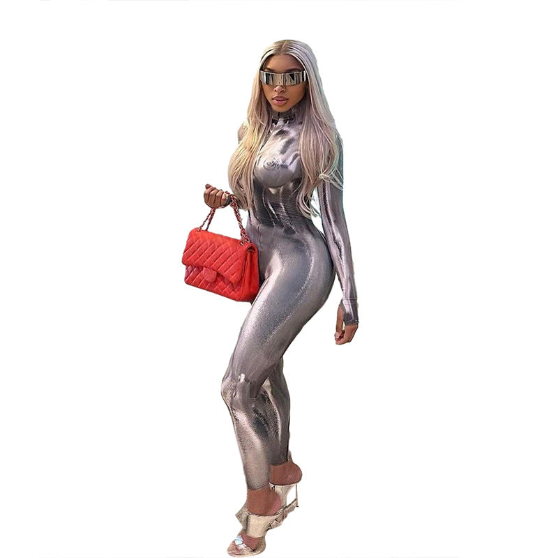 Women's Slim Fit Long Sleeve Digital Print Sports Jumpsuit