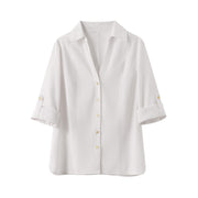 White V-neck Roll-up Sleeve Linen Blend Shirt