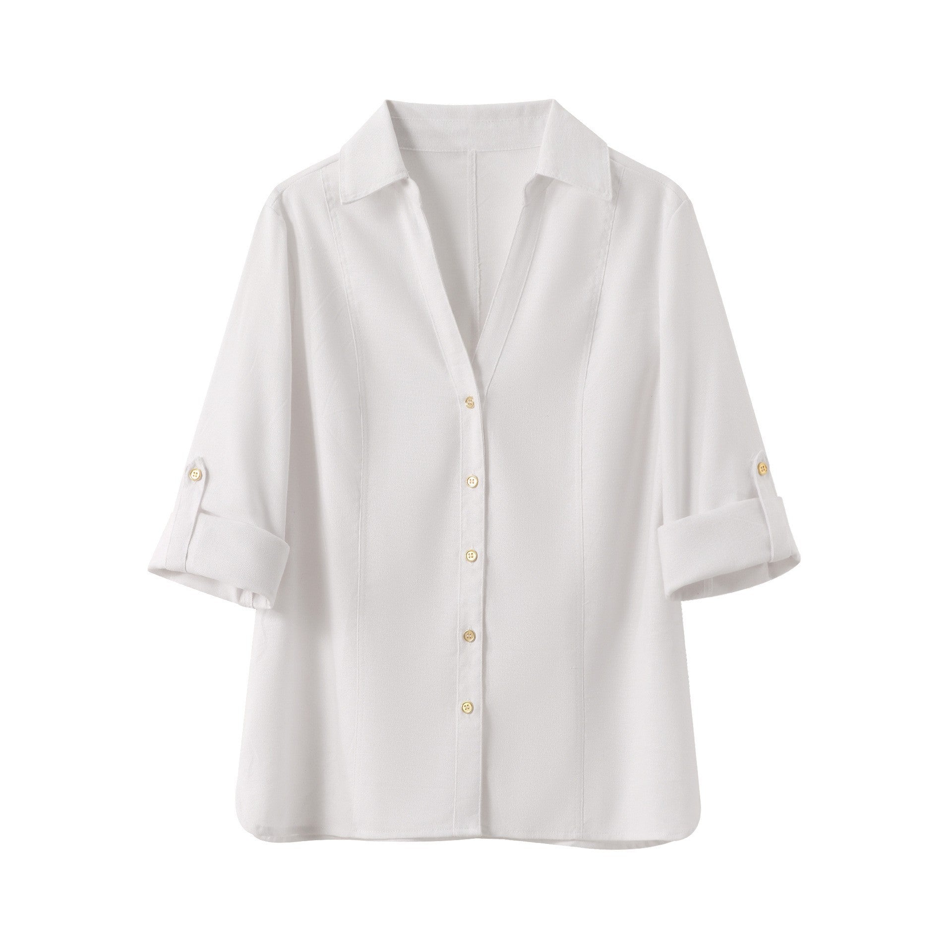 White V-neck Roll-up Sleeve Linen Blend Shirt
