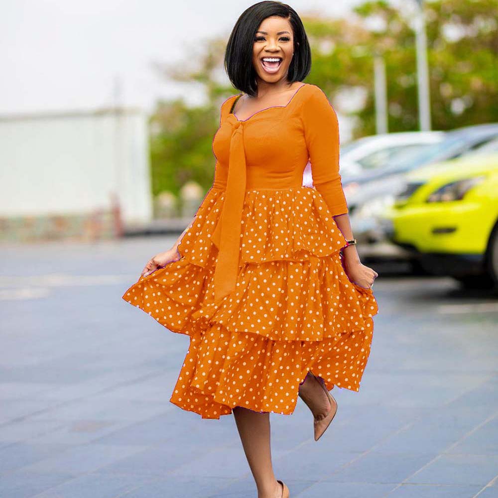 Elegant Polka-Dot African-Style Long Sleeve Dress