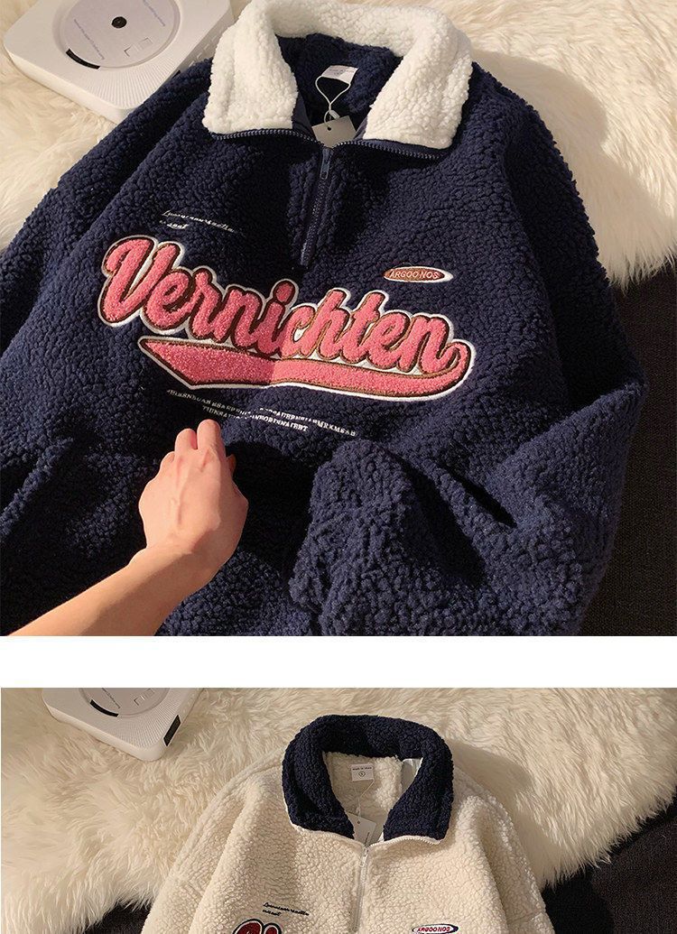 Cozy Retro Half-Zip Lambswool Hoodie with Embroidery