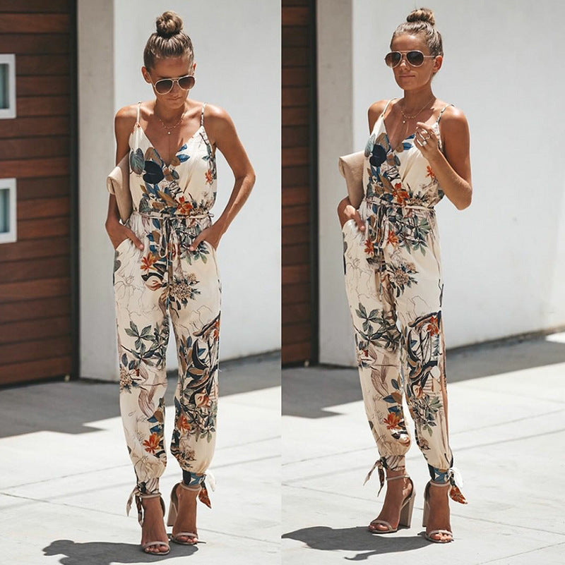 Sexy Backless V-Neck Printed Jumpsuit with Pockets