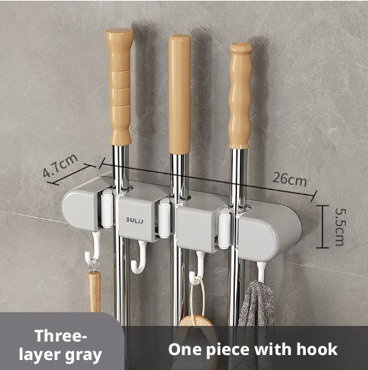 Space-Saving Mop Organizer with 7 Hooks - Gray