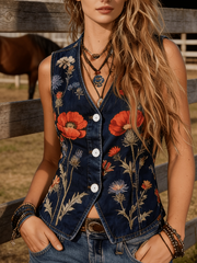Retro Floral Denim Vest for Women