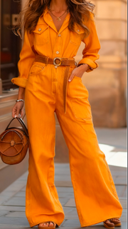 Waist-Cinched Long-Sleeve Wide-Leg Set