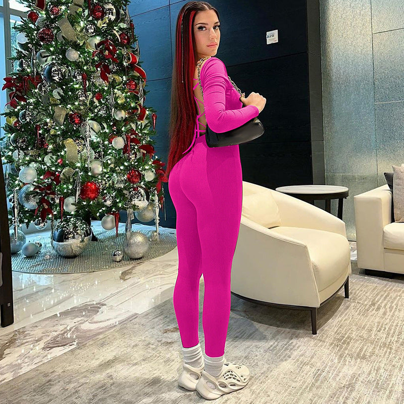 Backless Lace-Up Slim Fit Long Sleeve Jumpsuit