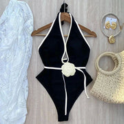 Chic Lace Floral One-Piece Slimming Halter Swimsuit