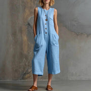 Retro Cotton-Linen Wide-Leg Cropped Jumpsuit