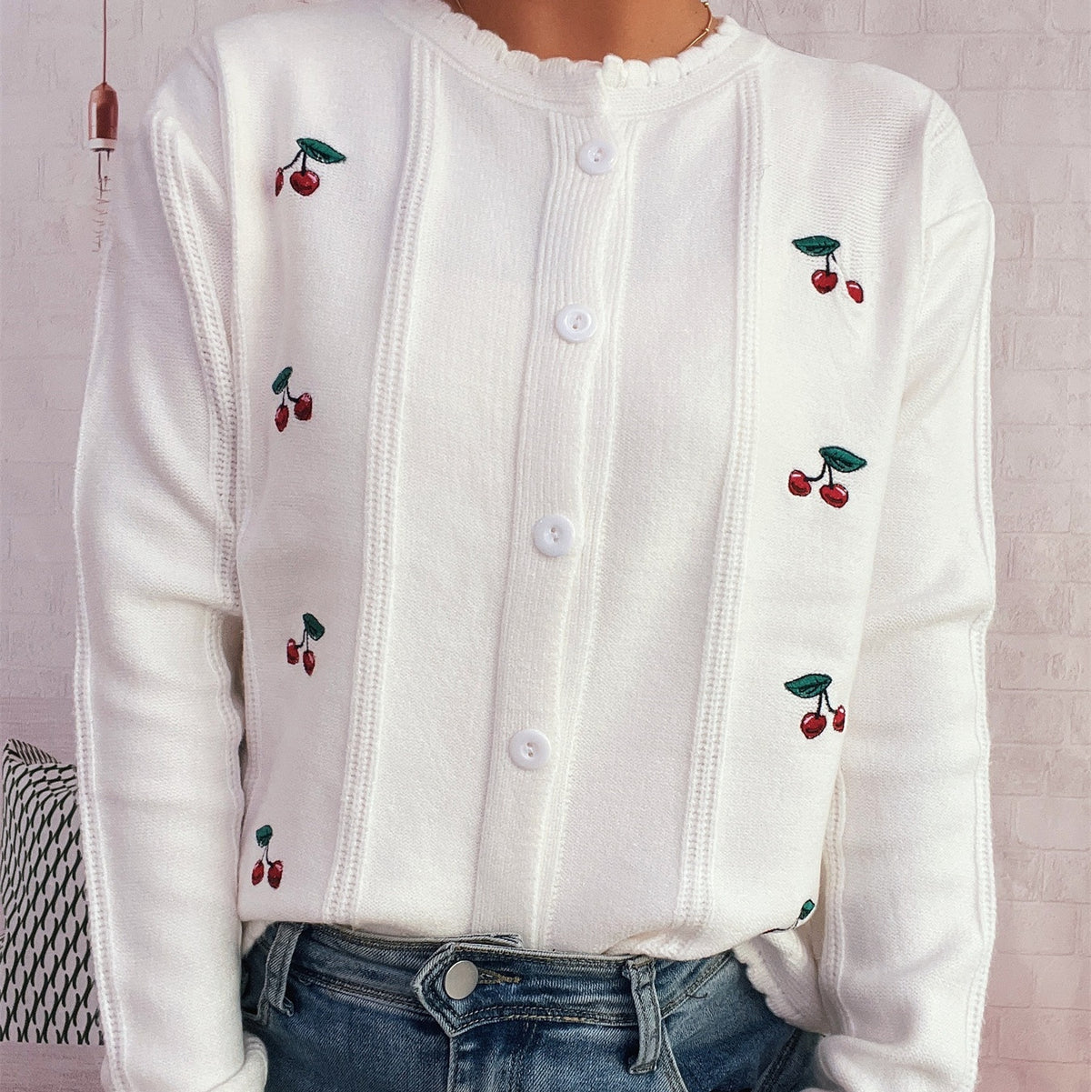 Cherry Embroidered Cute Style Wavy Round Neck Single-breasted Sweater Cardigan