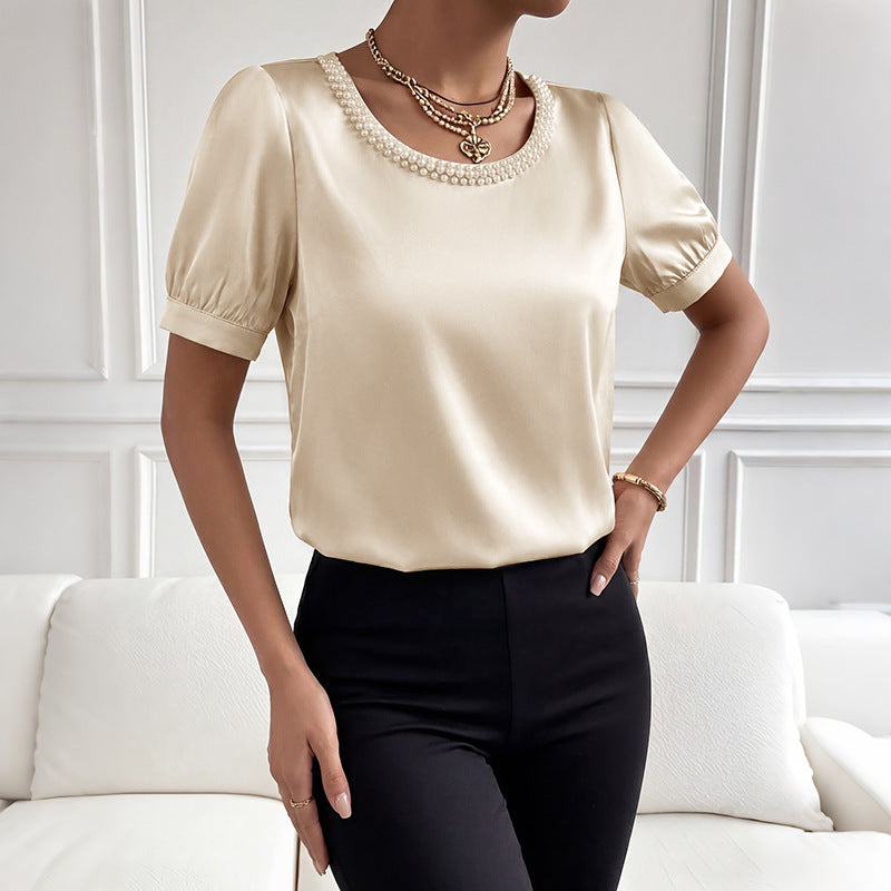 Summer New Satin Crew Neck Beaded Puff Sleeve Jumpsuit