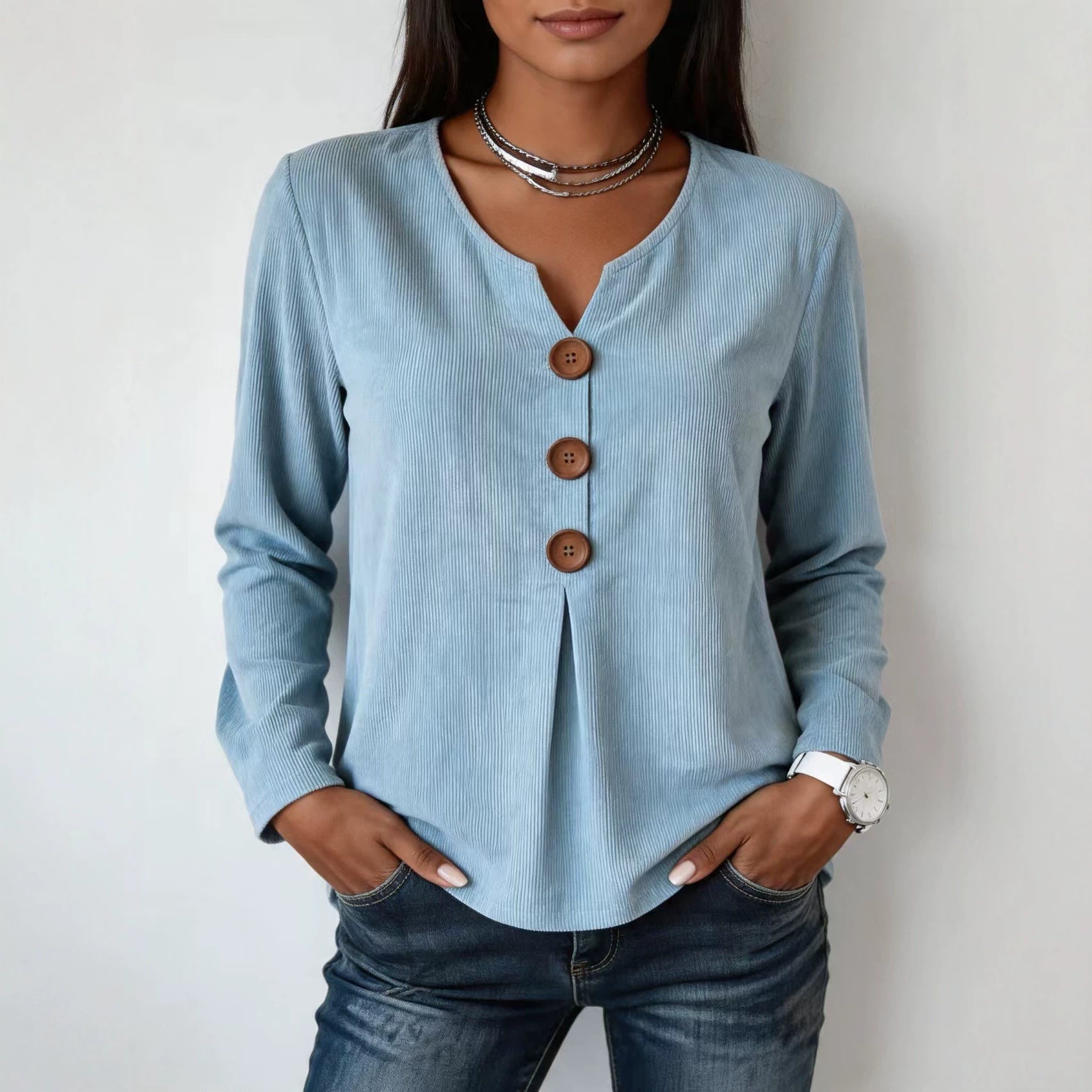 V‑Neck Buttoned Long‑Sleeve Top – Cozy Corduroy Style