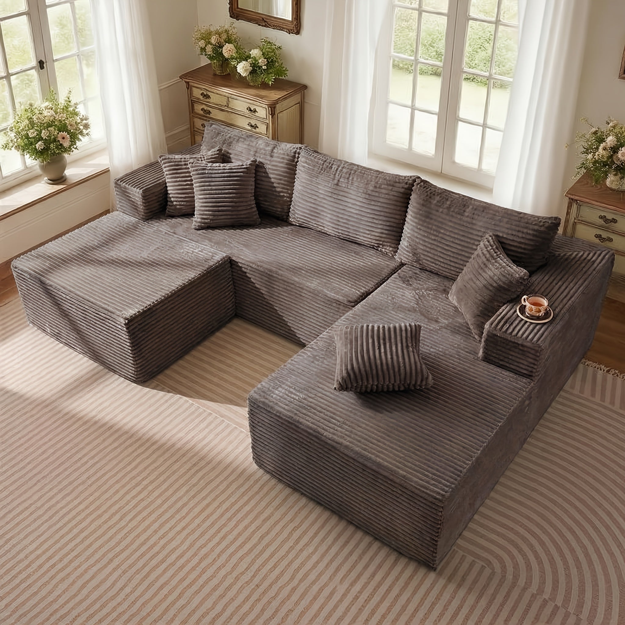 132‑Inch U‑Shaped Modular Corduroy Sofa Bed with Convertible Sleeper