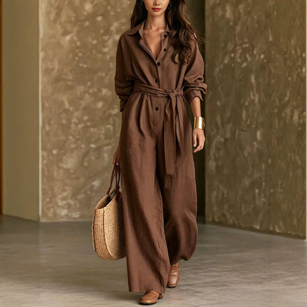 Women's Casual Belted Long-Sleeve Wide-Leg Jumpsuit