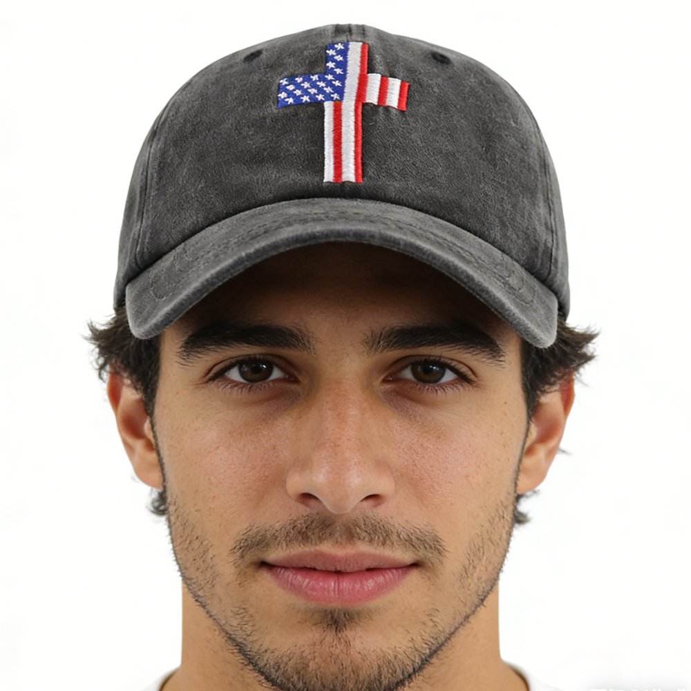 Patriotic Baseball Cap with American Flag Cross Design