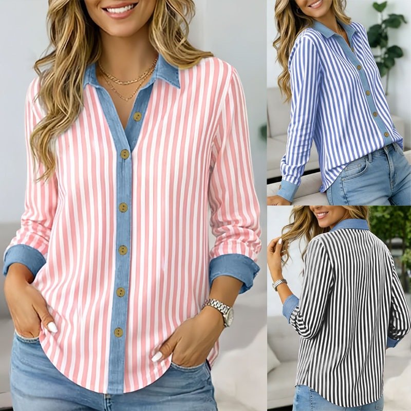 Pink White Stripe Denim Patchwork Long Sleeve Shirt