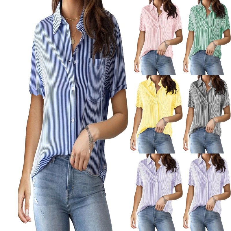 Classic Striped Blouse for Women - Turn Down Collar, Button Front, Casual Style