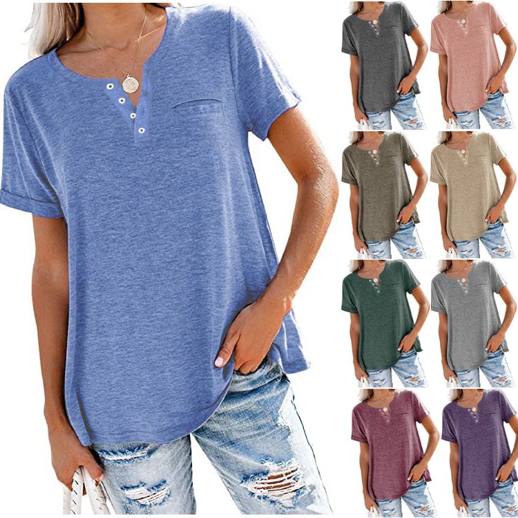Casual Curved Hem Henley Tee for Women