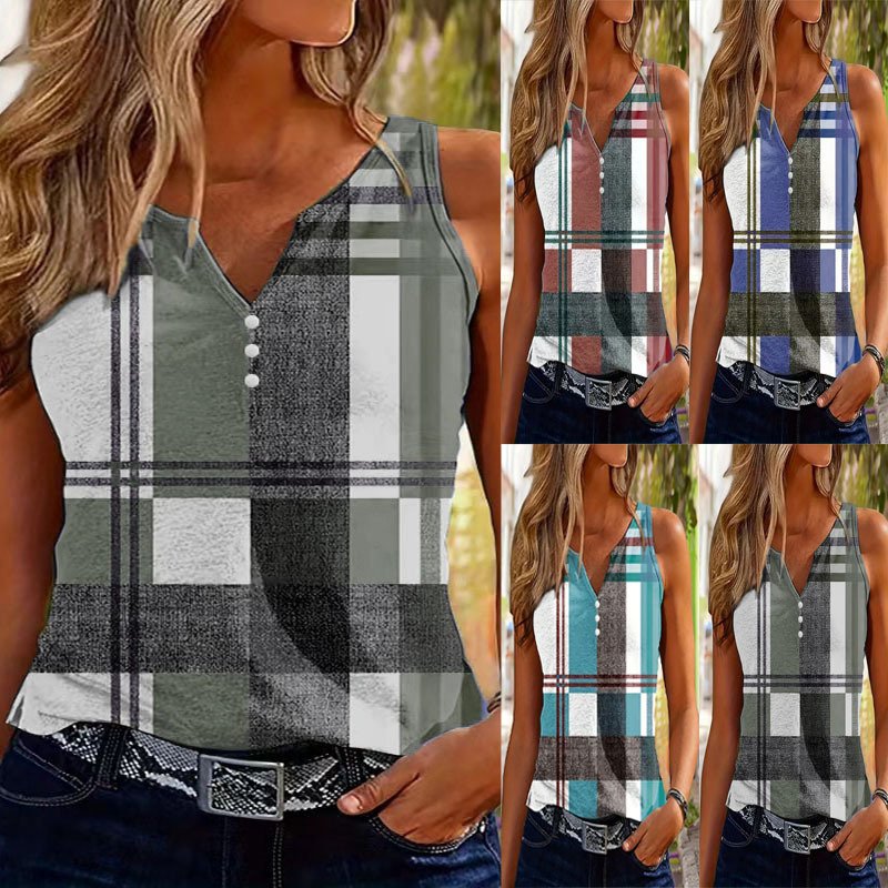 Casual Summer V-Neck Plaid Print Tank Top