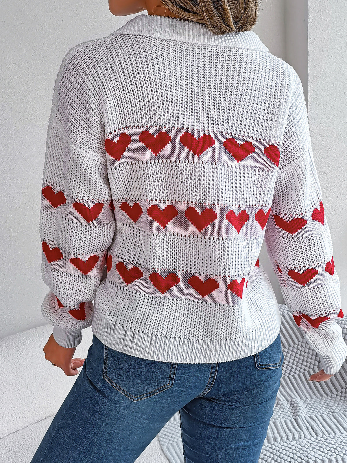 Women Casual V-neck Lantern Sleeve Color Block Heart Pullover Sweater