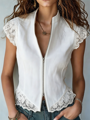 Zip Front Lace Trim Vest Top for Women